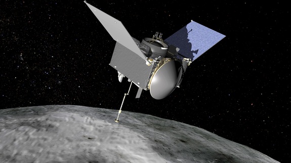 An artist's concept of NASA's OSIRIS-REx asteroid sampling spacecraft at the asteroid Bennu. The probe is due to arrive at Bennu in 2018 and return samples to Earth in 2023.