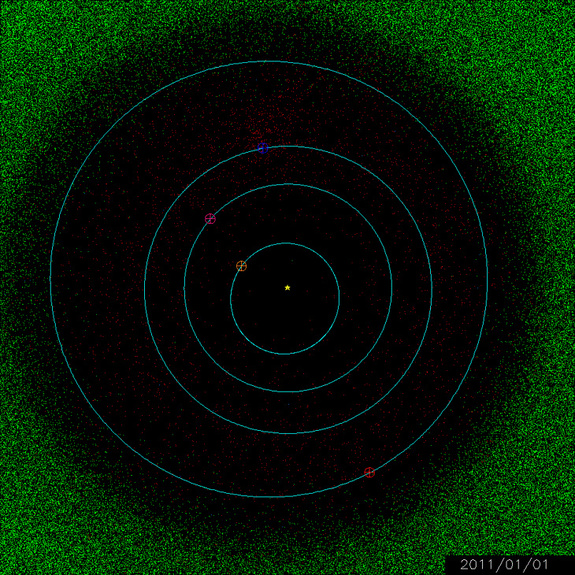 The Minor Planet Center, operated by the International Astronomical Union and NASA, is the worldwide repository for information about the known asteroids, also referred to as minor planets. Thousands more are discovered every year, mostly by automated cameras that detect the objects moving against the fixed stars. This animation from 2002 shows the population of the inner solar system in motion. Near Earth Objects are shown in red and the orbits of the inner planets are the blue circles.