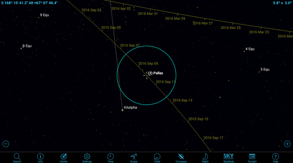 A close-up view of the path of asteroid Pallas as it passes near the naked-eye star on the dates around Sept. 9, 2016. The blue circle represents the field of view of a typical backyard telescope at low power.