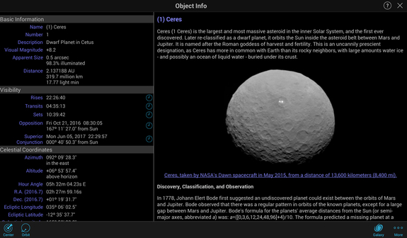 The SkySafari 5 app provides users with observing and technical information about the major asteroids and information about their discovery.