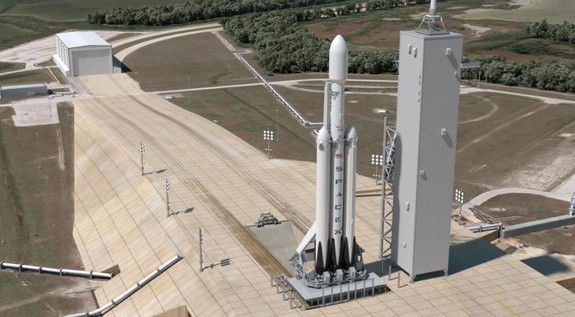 An artist's illustration of a SpaceX Falcon Heavy rocket at Launch Complex 39A at NASA's Kennedy Space Center in Florida.