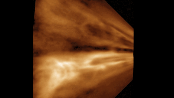 An image from computer-processed data of the solar wind leaving the sun.