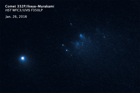A sequence of Hubble Space Telescope images taken over three days in January 2016 shows the slow migration of building-size fragments of Comet 332P/Ikeya-Murakami. The pieces broke off the main nucleus in late 2015 as the icy, ancient comet approached the sun in its orbit.