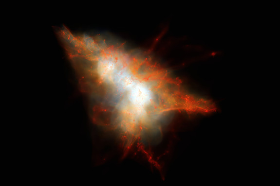 This is a snapshot from a computer simulation of the evolution of a Lyman-alpha Blob similar to LAB-1. Gas within the dark matter halo is color- coded so that cold gas (mainly hydrogen) appears red and hot gas appears white. At the center of this system are two star-forming galaxies surrounded by hot gas and many smaller satellite galaxies that appear as small red clumps. 