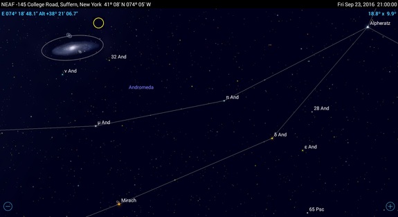 The light from the Andromeda galaxy (Messier 31) has been traveling for 2.5 million years, since Homo habilis roamed Tanzania. Look for an elongated, fuzzy patch just to the left (northeast) of the Great Square of Pegasus in the eastern evening sky. To the naked eye under dark skies, the bright core will be most apparent. It's widely considered the most distant object you can directly see with your eyes. Binoculars or a small telescope can reveal that it is six moon diameters wide (as shown by the yellow circle).