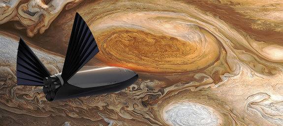 A SpaceX Interplanetary Transport System spaceship sails near Jupiter in this artist's concept of the deep-space crewed spacecraft.