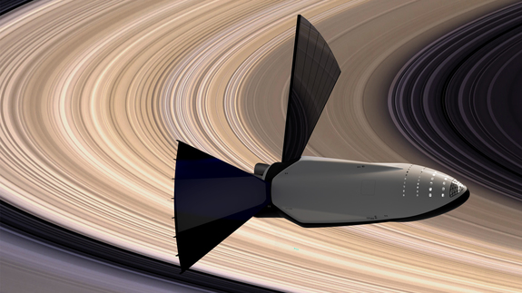 A SpaceX Interplanetary Transport System spaceship explores the rings of Saturn in this artist's concept of the vehicle's potential to send astronauts beyond Mars.