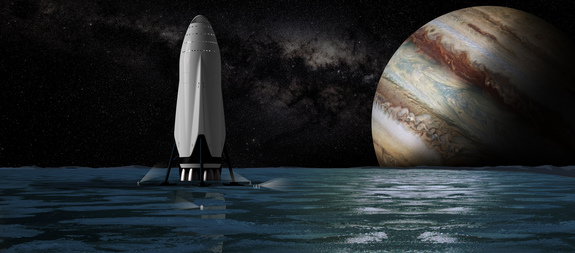 Artist's concept of SpaceX's Interplanetary Transport System spaceship on Jupiter's ocean-harboring moon Europa.