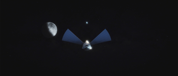 A simulated view of the SpaceX Interplanetary Transport System traveling to Mars, using solar panels to gather energy.