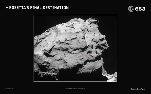 The red circle shows where on Comet 67P/Churyumov-Gerasimenko the Rosetta probe was scheduled to land on Sept. 30, 2016.