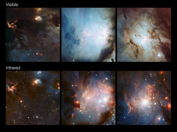 These photos show how parts of the nebula M78 appear at different wavelengths. In the infrared images from the VISTA telescope (lower row), the dust is much more transparent than in the visible light pictures from the MPG/ESO 2.2-meter telescope (upper row).
