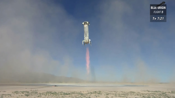 Blue Origin's suborbital New Shepard rocket lands safely on its West Texas pad after a successful in-flight crew capsule abort test on Oct. 5, 2016.
