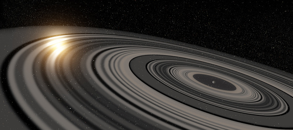 Artist's conception of an extrasolar ring system around the planet J1407b. 