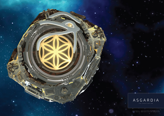 This illustration of a futuristic-looking satellite orbiting the Earth is on the website for the Asgardia project, a mission to create a space-based country. 