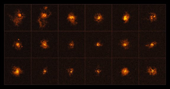 A mosaic of 18 of the 19 quasars observed using the European Southern Observatory's Very Large Telescope. The survey revealed that all 19 quasars had bright halos. 