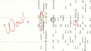 A scan of a color copy of the original computer printout bearing the Wow! signal, taken several years after the signal's 1977 arrival.