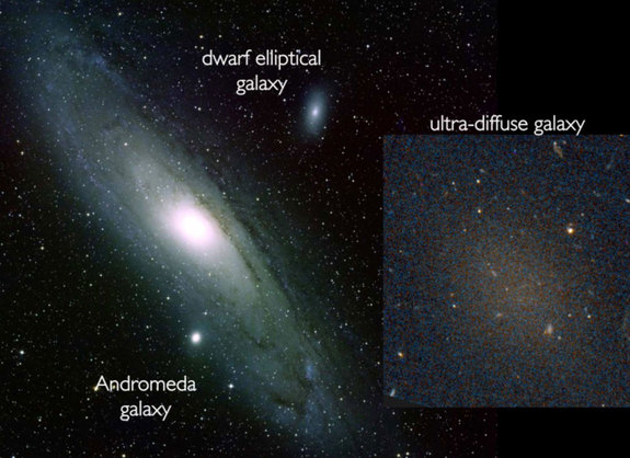 The ultra-diffuse galaxy Dragonfly 17, shown in comparison to the large Andromeda galaxy and the elliptical dwarf galaxy NGC 205.