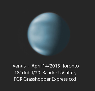 Using a motorized 18-inch (46 centimeters) Dobsonian-style telescope he made, Jim Chung captured this image of Venus on April 14, 2015, from his home in Toronto. Details in the clouds were enhanced by using a commercially available filter that passed only ultraviolet wavelengths of light, giving it a bluish tint.