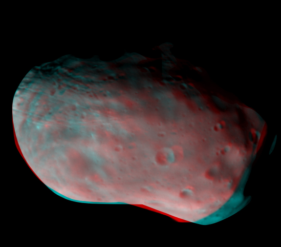 ExoMars orbiter's Color and Stereo Surface Imaging System composed this 3D image of Mars' moon Phobos from from the stereo pair of images collected with two of its four color filters.