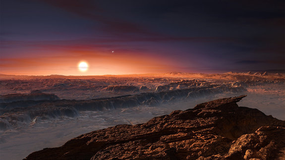 This artist's impression shows what it might look like on the surface of Proxima b, a planet that orbits the star nearest to Earth's sun.