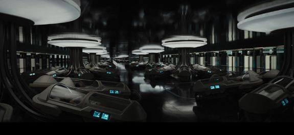 The hibernation pods on the Starship Avalon in the movie 