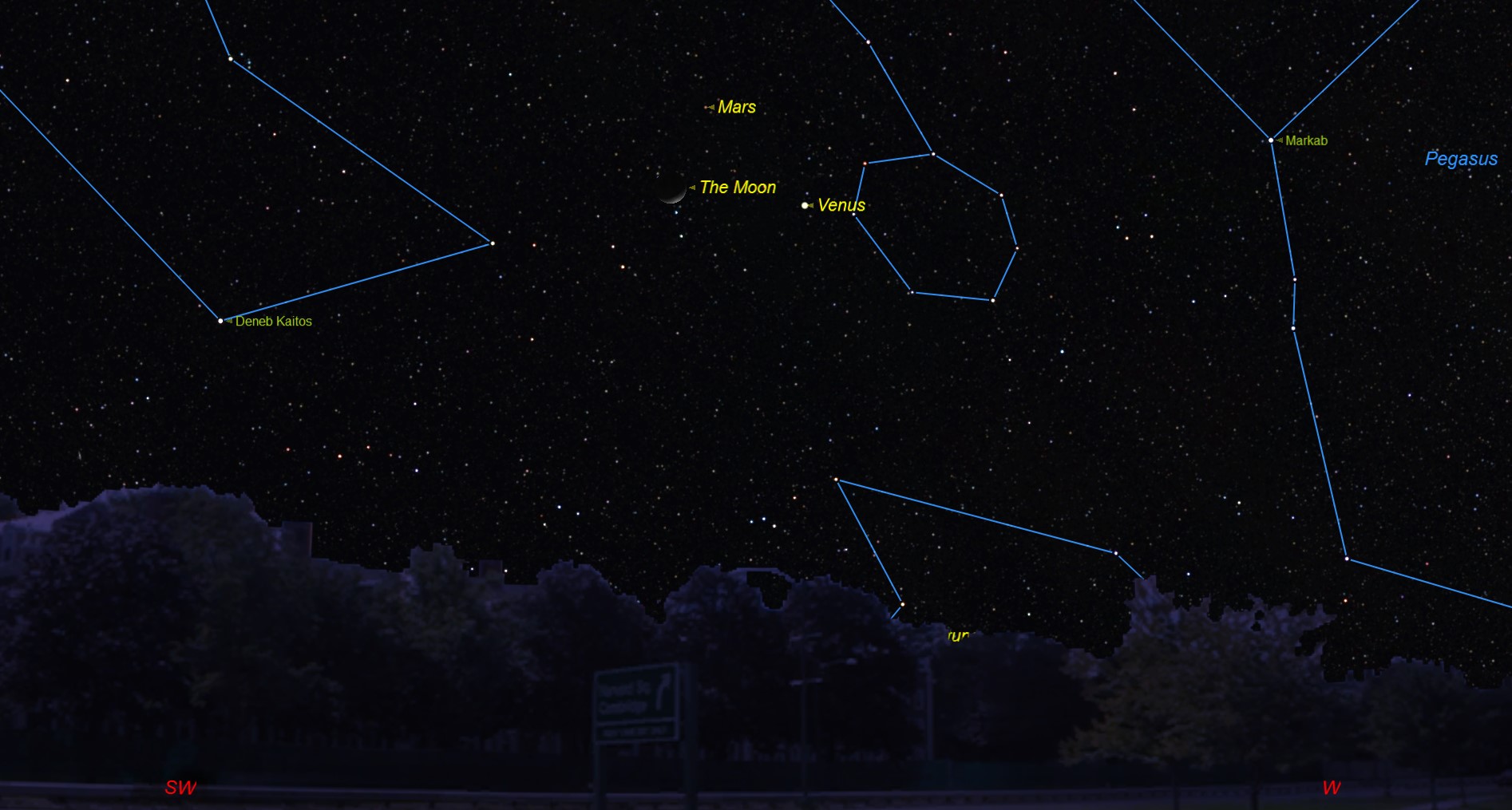 skywatching A starry night sky with labeled constellations including Mars, Venus, and the Moon, along with stars like Deneb Kaitos, Markab, and Pegasus, and a view of the city below.