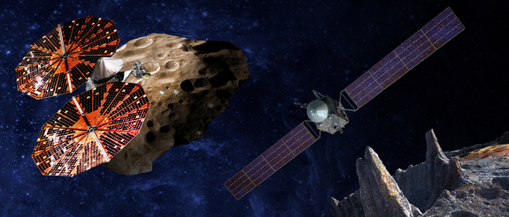 (Left) Artist’s illustration of the Lucy spacecraft flying by the Trojan asteroid Eurybates. Trojans are fossils of planet formation and so will supply important clues to the earliest history of the solar system. (Right) Psyche, the first mission to the metal world 16 Psyche, will examine a landscape unlike anything explored before. Psyche will teach us about the hidden cores of the Earth, Mars, Mercury and Venus.