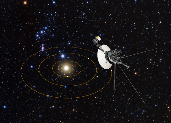 In this artist's conception, NASA's Voyager 1 spacecraft has a bird's-eye view of the solar system. The circles represent the orbits of the major outer planets: Jupiter, Saturn, Uranus, and Neptune.