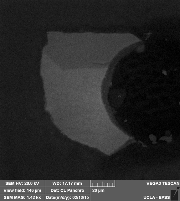 Zircon extracted from lunar breccia 14304 collected during the Apollo 14 mission in 1971.