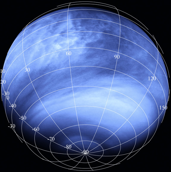 Venus seen in ultraviolet light by the European Space Ageny's Venus Express mission. The dark streaks in the clouds are where an unknown material is absorbing ultraviolet light. Could it be life?