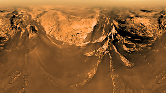 The Huygens lander revealed a never-before-seen world in the landscape of Saturn's moon Titan. This view was created using images taken during the probe's descent, from an altitude of about 6 miles (10 kilometers).