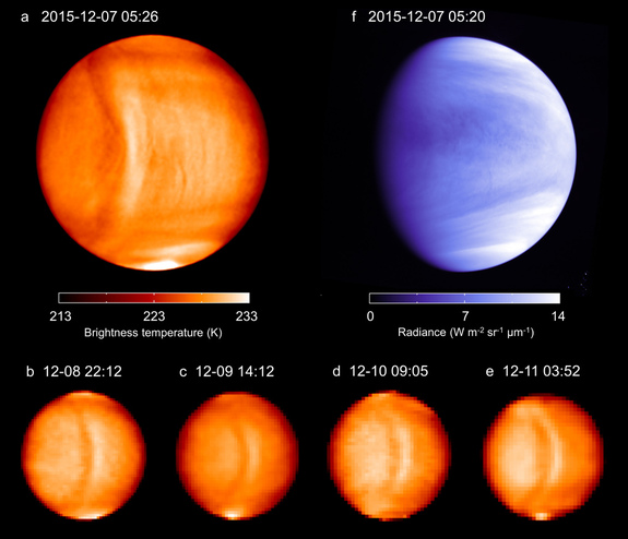 A huge, bow-shaped wave in Venus' atmosphere stays stationary compared to the surface topography, represented with white outlines here.