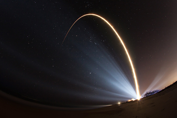 An Atlas V rocket carrying the U.S. Air Force's SBIRS Geo-3 missile warning satellite streaks into orbit from Cape Canaveral Air Force Station in Florida on Jan. 20, 2017 in this spectacular long-exposure view.