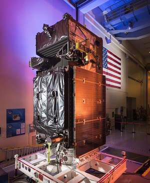 The missile warning satellite Space Based Infrared System Geosynchronous Earth Orbit 3, or SBIRS Geo-3, before launch.