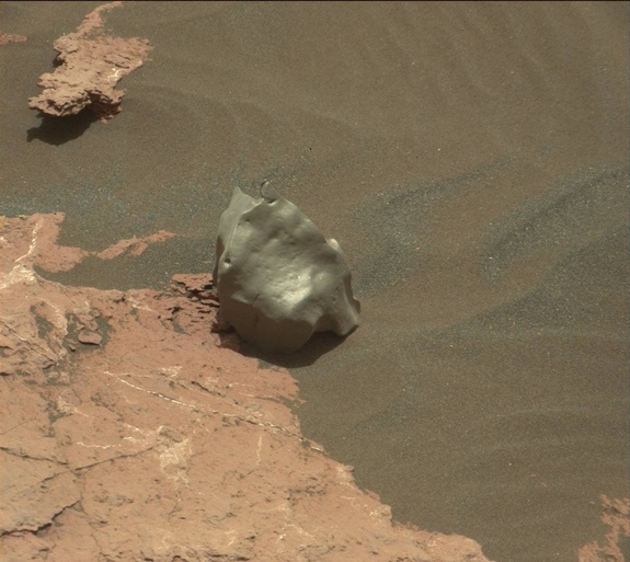 NASA's Mars rover Curiosity found a rock that might have fallen from space. This photo shows the likely meteorite, known as "Ames Knob," on the surface of Mars on Jan. 12, 2017.