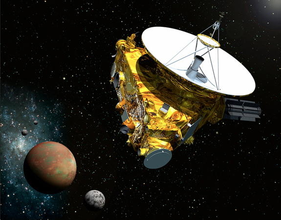 Artist's illustration of NASA's New Horizons probe flying through the Pluto system in July 2015.