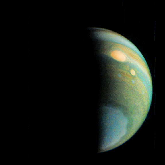 This false-color view of Jupiter's polar haze was created by citizen scientist Gerald Eichstädt using data from the JunoCam instrument on NASA's Juno spacecraft. The image was taken on Dec. 11, 2016, when the spacecraft was 285,000 miles (459,000 kilometers) from Jupiter.