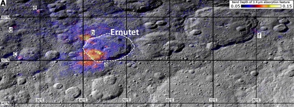 Data gathered by NASA's Dawn spacecraft show a region around Ceres' Ernutet crater where organic concentrations have been discovered (labeled 