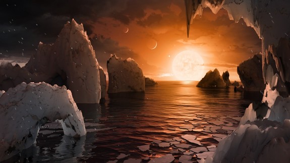 Artist's illustration of the surface of a planet in the TRAPPIST-1 system, which hosts seven roughly Earth-size worlds.