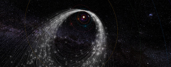 Meteor showers occur when Earth plows through streams of debris shed by comets on their trips around the sun. This animation shows the orbital path of the debris stream that causes the Kappa Cygnid shower, which peaks in mid-August. 