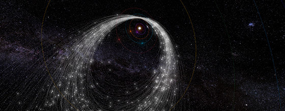 Meteor showers occur when Earth plows through streams of debris shed by comets on their trips around the sun. This animation shows the orbital path of the debris stream that causes the Kappa Cygnid shower, which peaks in mid-August.