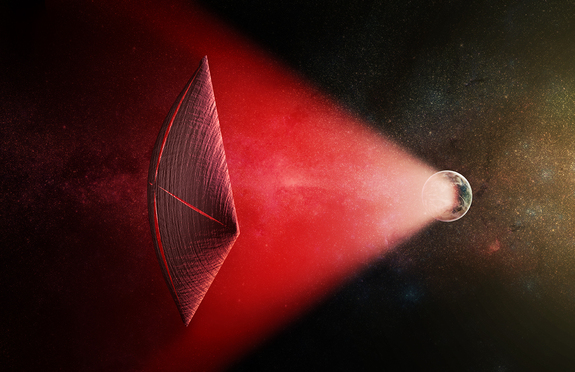 Artist's illustration of a light sail powered by a radio beam (red) generated on the surface of a planet. The leakage from such beams as they sweep across the sky would appear as superbright light flashes known as fast radio bursts, according to a new study.