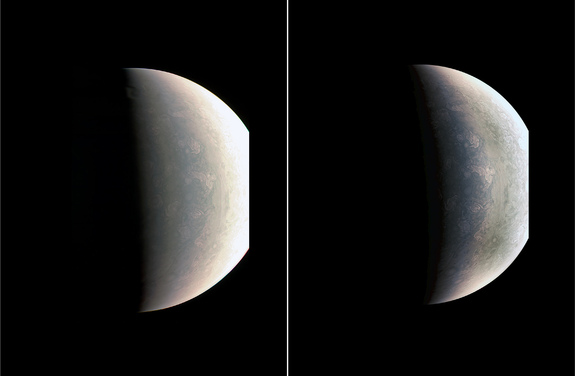 This view of Jupiter's north pole — captured by NASA's Juno probe on Aug. 27, 2016, from a distance of 48,000 miles (78,000 kilometers) — shows storms and weather systems unlike any seen elsewhere in the solar system.