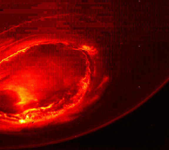 Juno captured this infrared image of Jupiter’s southern lights on Aug. 27, 2016. Such views are not possible from Earth.