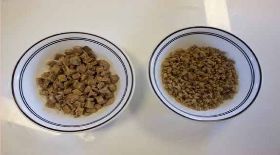Dehydrated roast beef and dehydrated sausage crumbles.