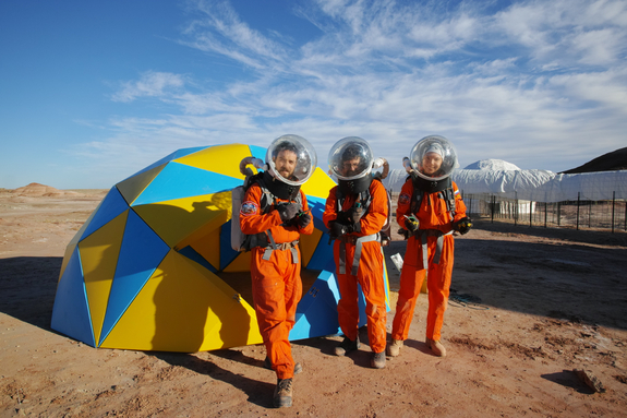 The Martian Space Construction Company: Our Dome Team with tools, Claude-Michel, Jon and Anastasiya.