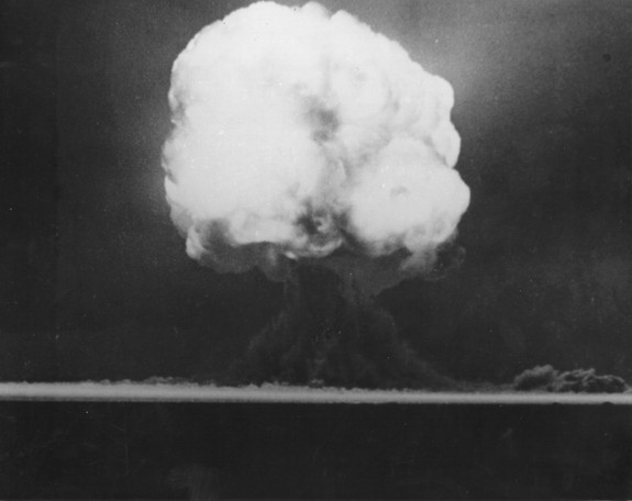 The first-ever nuclear explosion occurred on July 16, 1945 at the Trinity test site in New Mexico. This image shows the Trinity fireball 15 seconds after detonation.