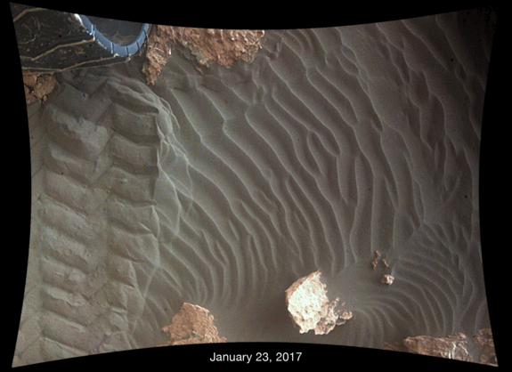 This pair of images shows the effects of one Martian day of wind blowing sand underneath NASA's Curiosity Mars rover on a nondriving day for the rover.